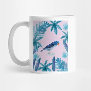 Blue Pacific Parrotlet with tropical leaves and violet background Mug